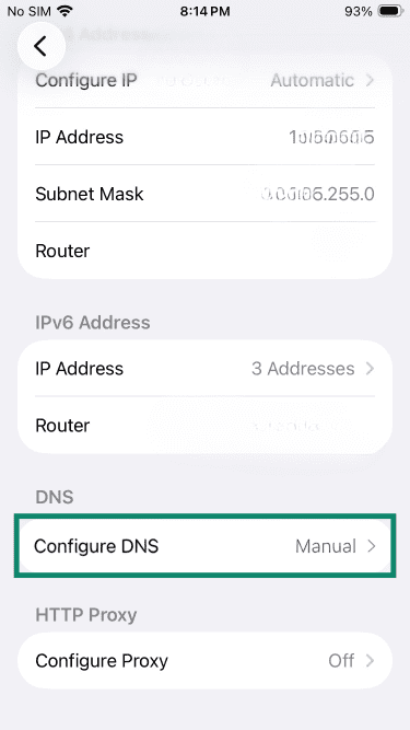 iPhone network settings with Configure DNS highlighted.