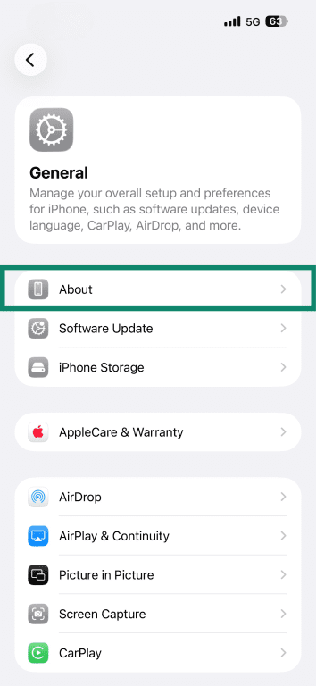 iPhone's General settings panel with the About item highlighted.
