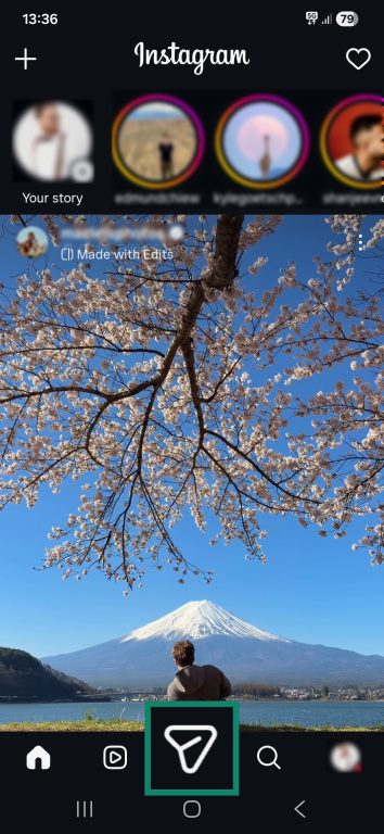 Instagram Android smartphone interface with the option to navigate to the Messages screen.