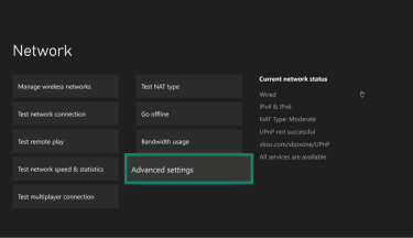 The general tab of the Xbox settings, showing the network settings option.