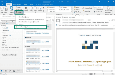 How to access the junk emails options in classic Outlook for Windows