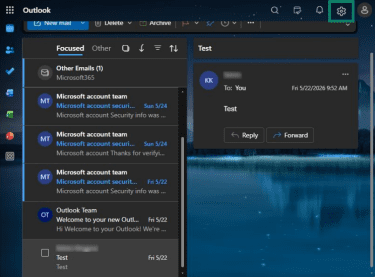 How to access the settings menu on Outlook on the web