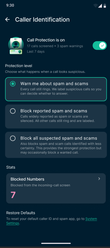 Identity Defender Caller Identification settings showing three protection levels.