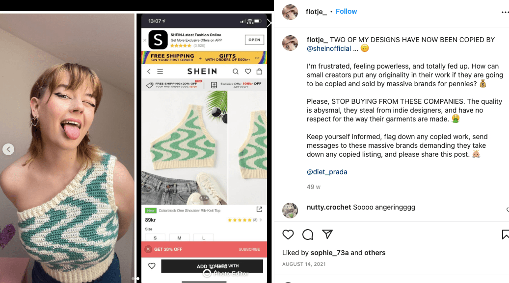 Screenshot Instagram-Beitrag: Shein ist laut einer weiteren Designerin nicht seriös, da es ihr Design imitiert hat.