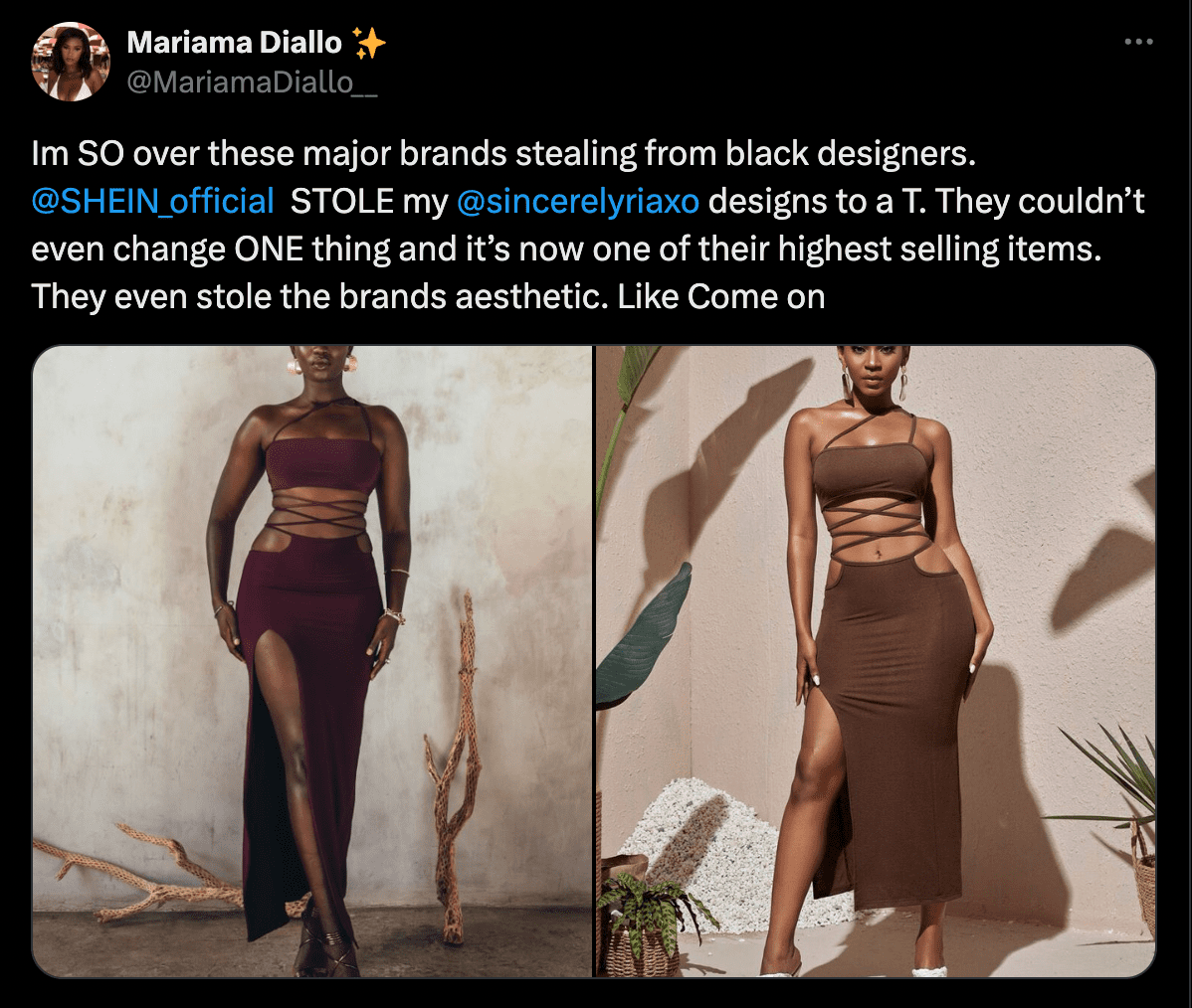 Screenshot X-Beitrag: Shein ist laut Designerin nicht seriös, da es ihr Design imitiert hat.