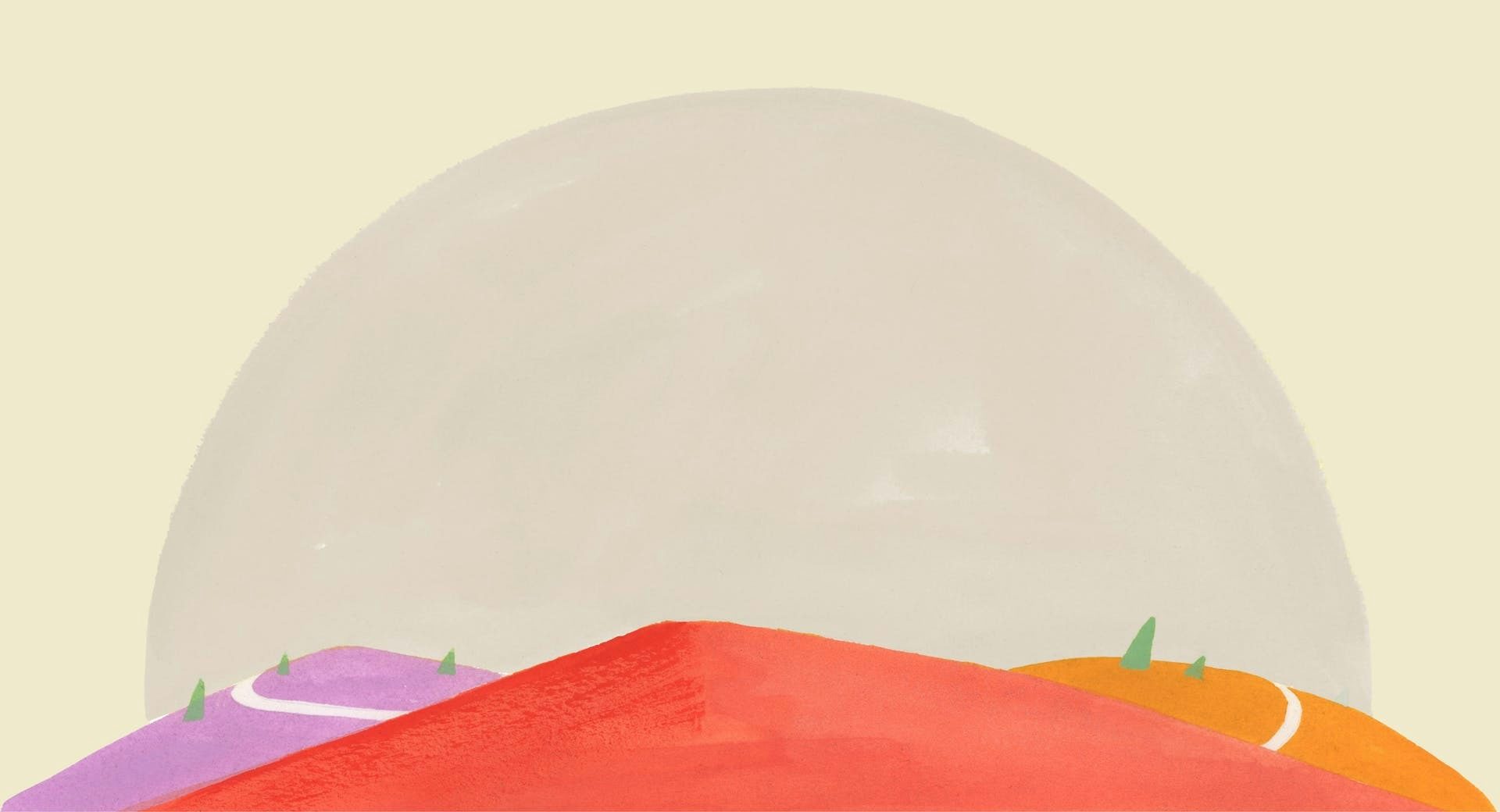 Az ExpressVPN színes ösvények illusztrációja, amelyek egy dombon át vezetnek, és a biztonságos, gyors és globális internetkapcsolatokat szimbolizálják.